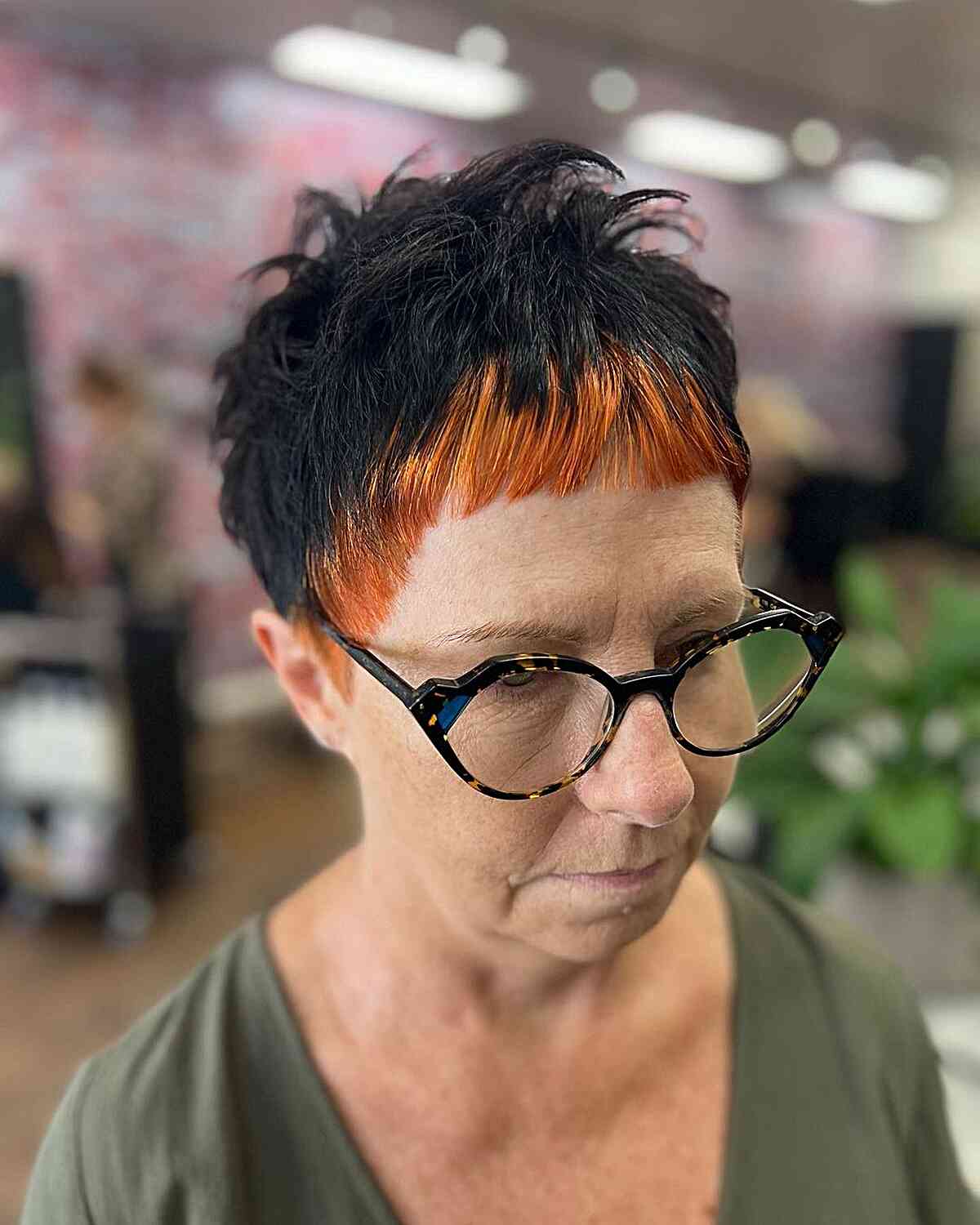 Black Messy Pixie with Orange Bangs for Mature Women