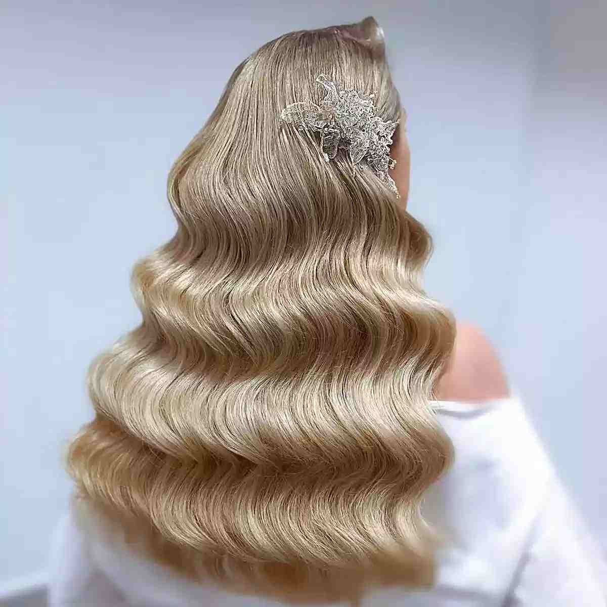 Long Blonde Glam Hollywood Waves with Barrette