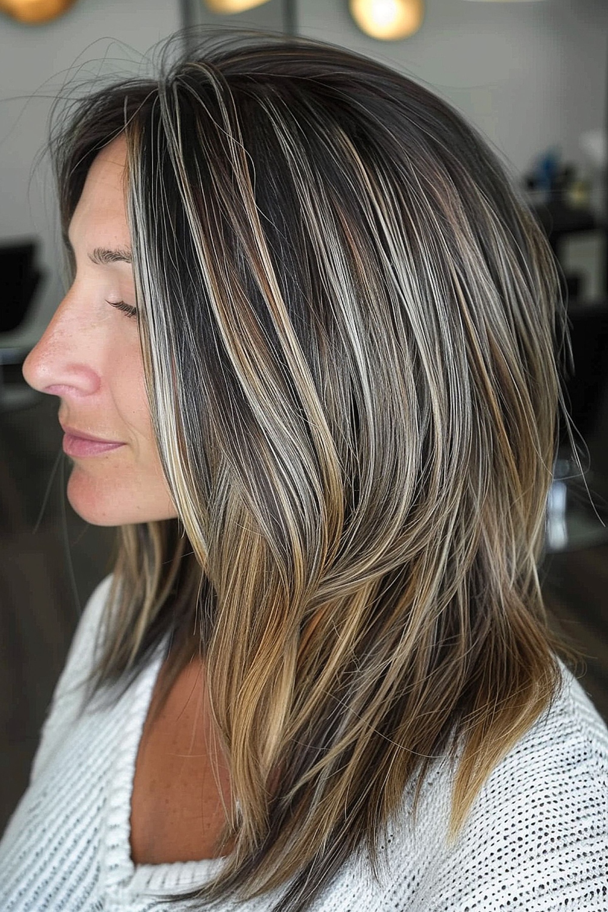 Gorgeous blonde balayage highlights on medium-length dark brown hair