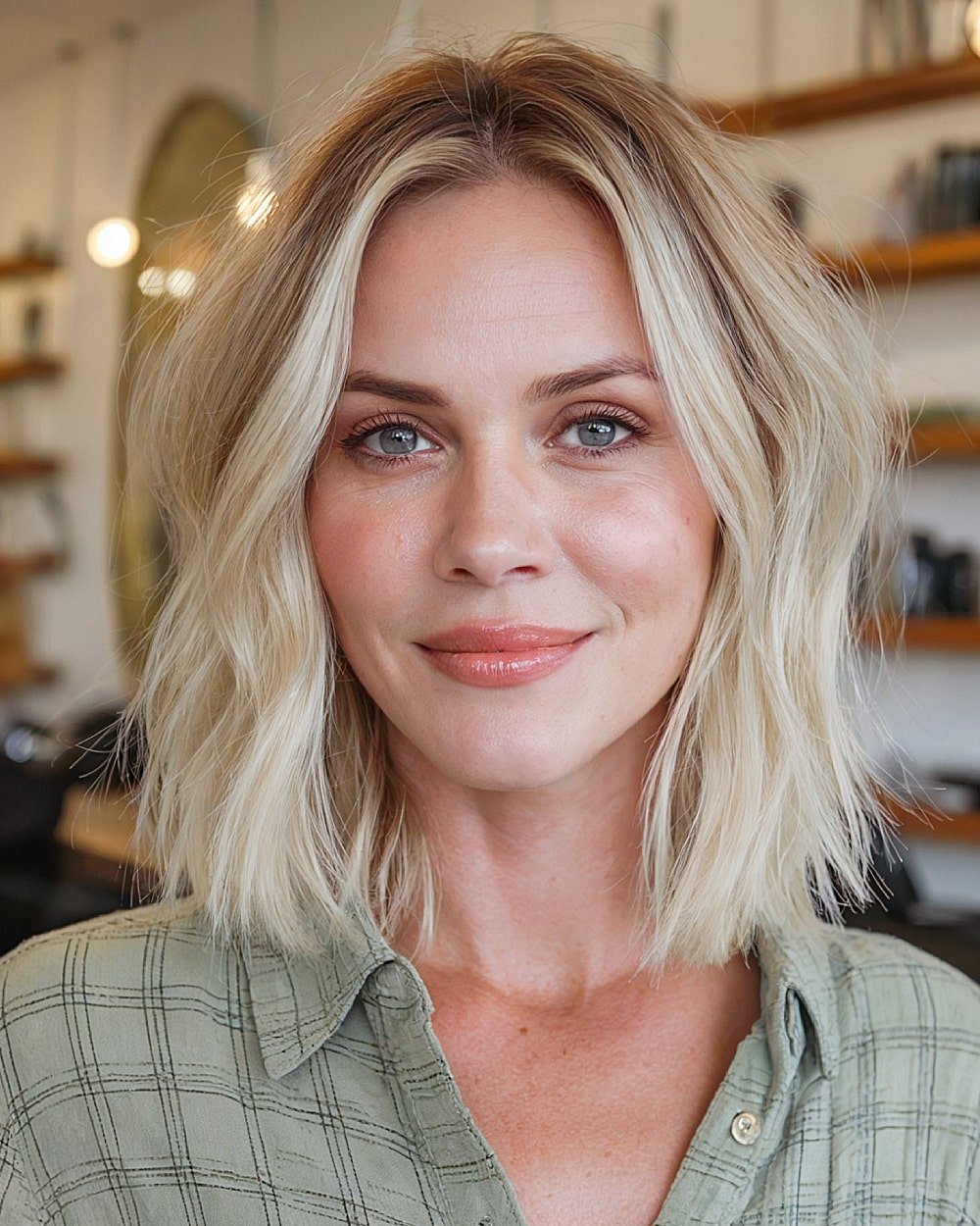 Blunt blonde bob with soft face-framing layers and subtle texture for alt layered styling