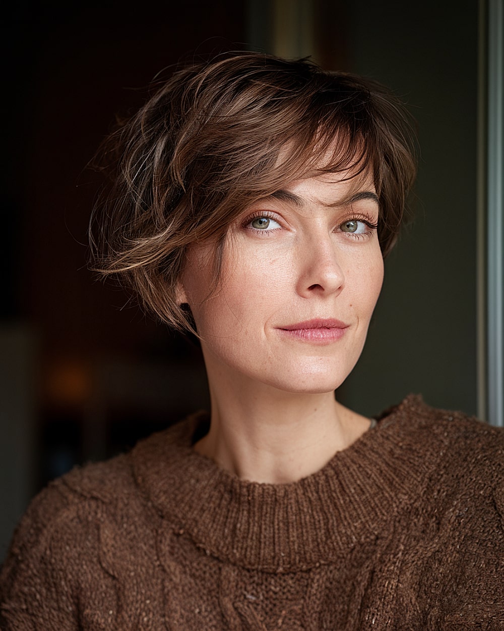 Soft Blythecut pixie bob with wispy fringe and layered texture for women over 40