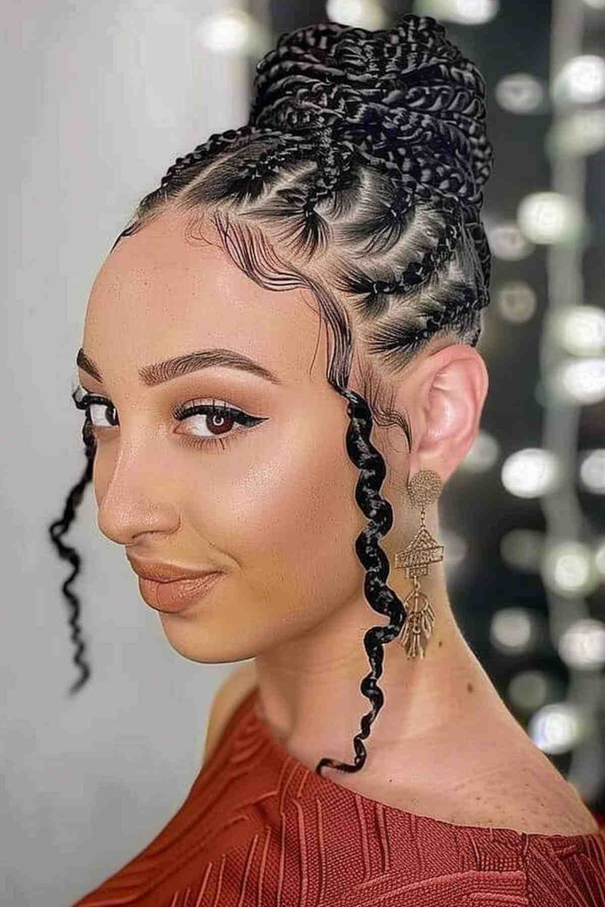 Boho-chic style with cornrow braids and a textured bun for a gala hairstyle.
