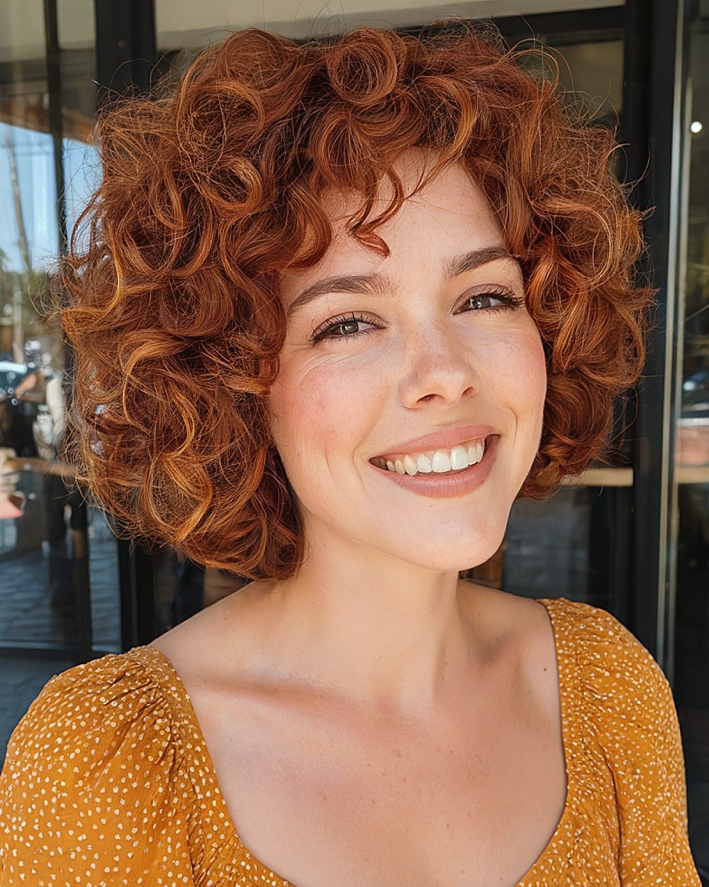 Bouncy stacked curly bob with auburn curls and soft rounded volume