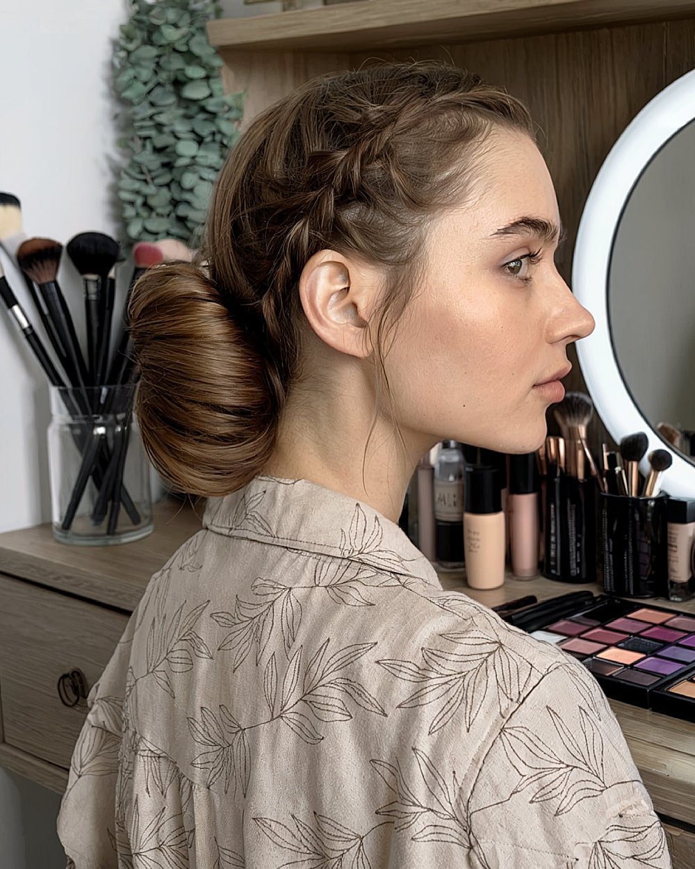 Braided French twist updo with sleek sides and full low bun