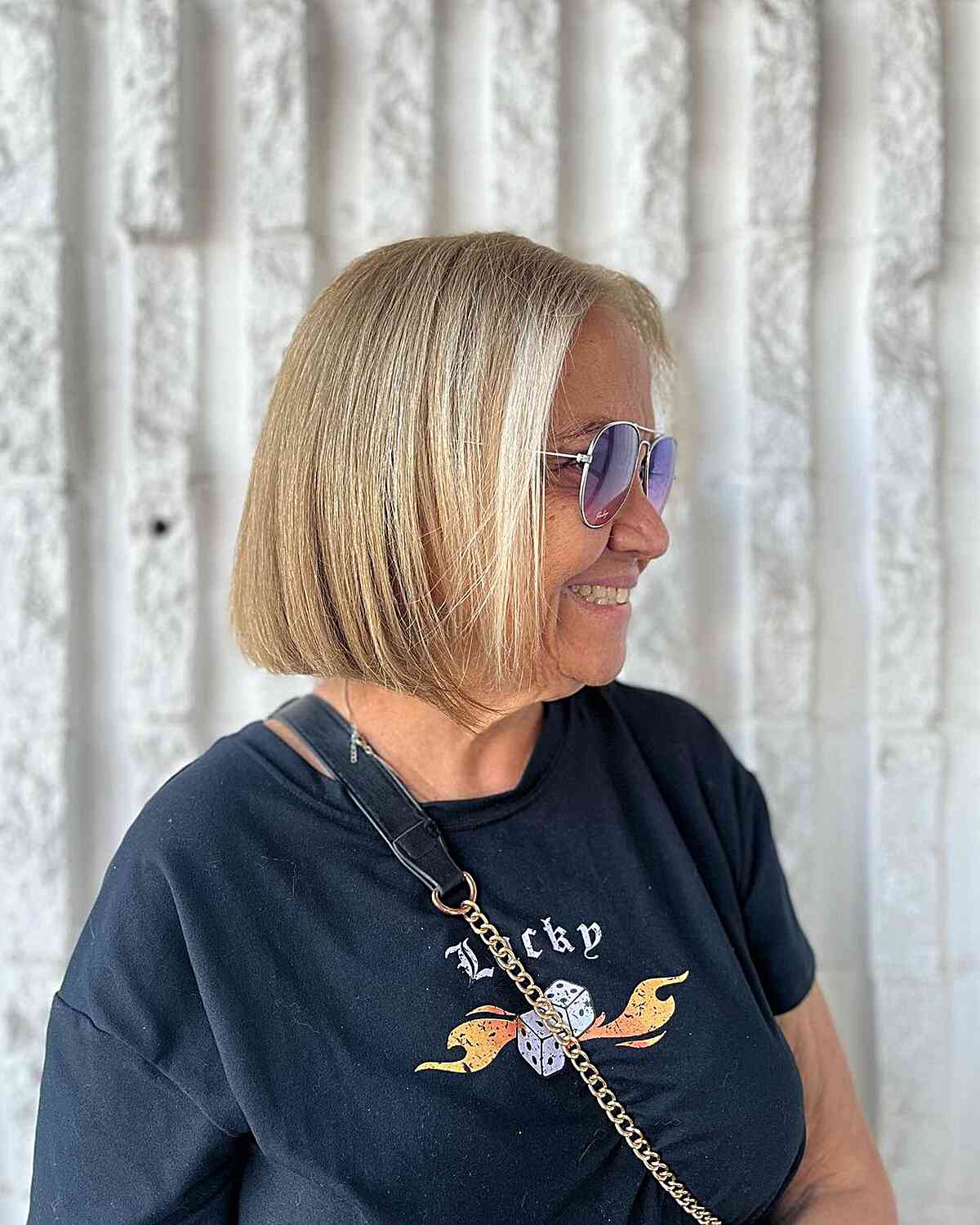 Short Bronde Classic Bob with Money Piece for Ladies Aged 50 with Thin Hair
