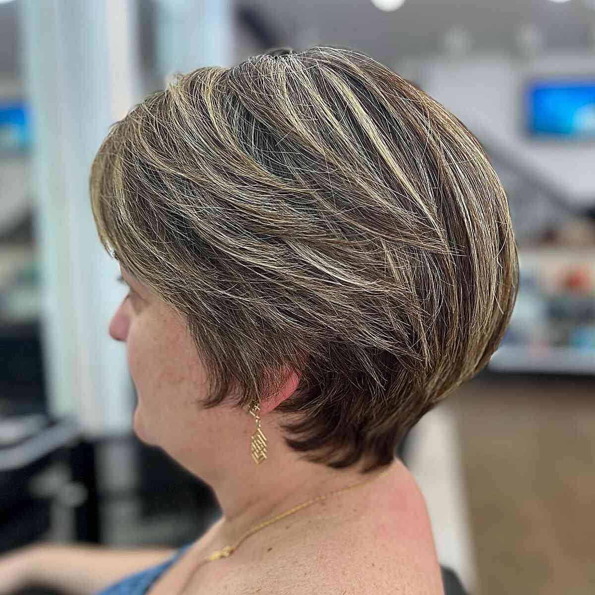 Brown Bixie with Layers and Highlights for Mature Women Aged 70
