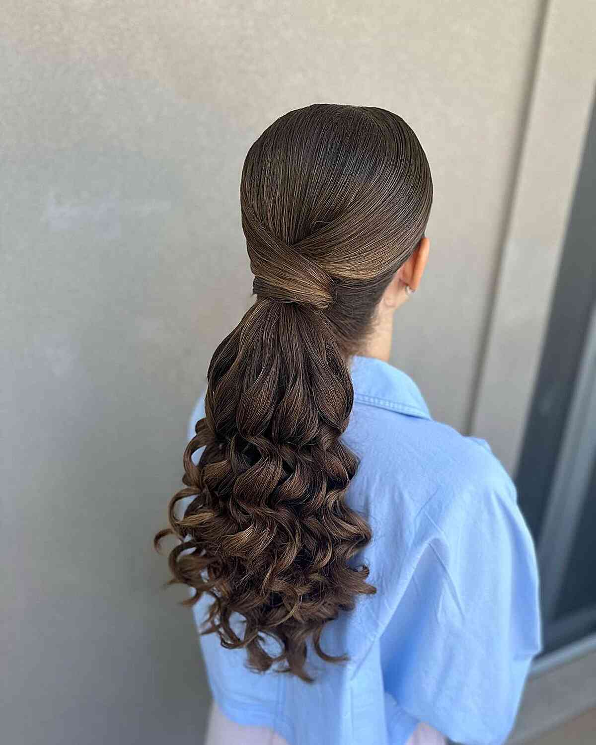 Brunette Hair with Long-Length Low Wrapped Curly Pony