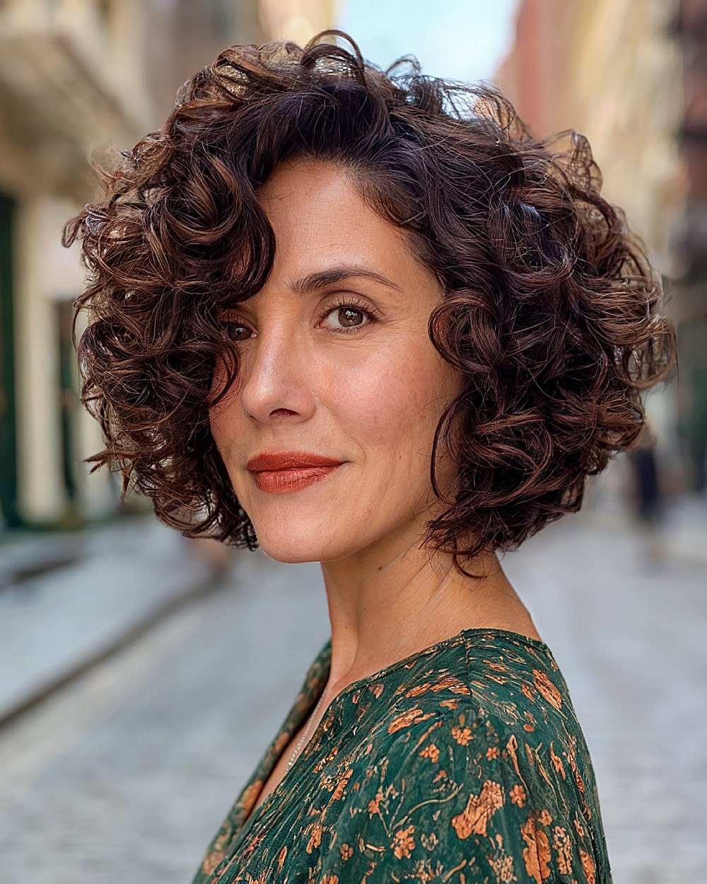 Brunette stacked curly bob with asymmetrical shape and side-parted defined curls
