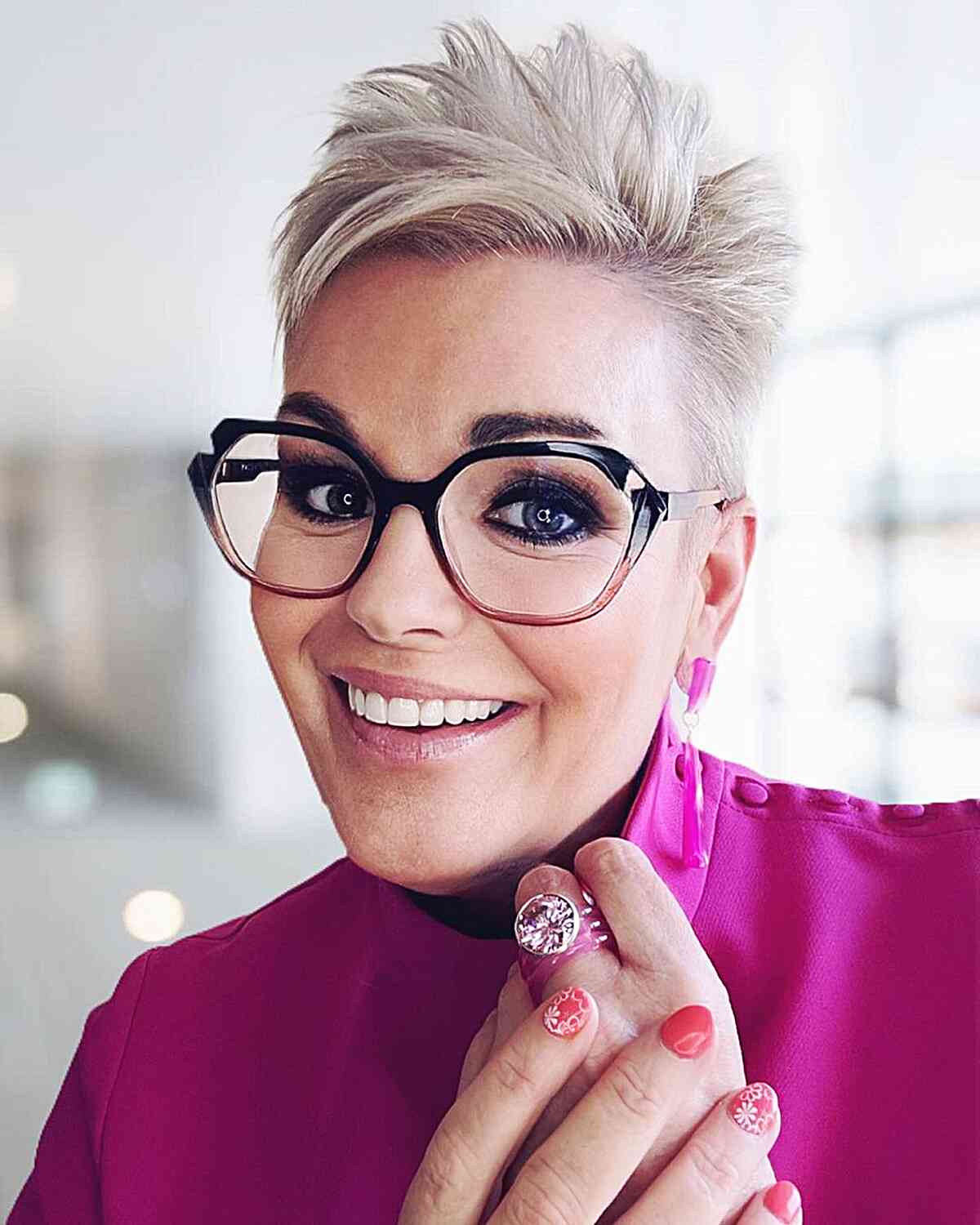 Brushed-Up Pixie Crop on Ladies Aged 50 with Eyeglasses