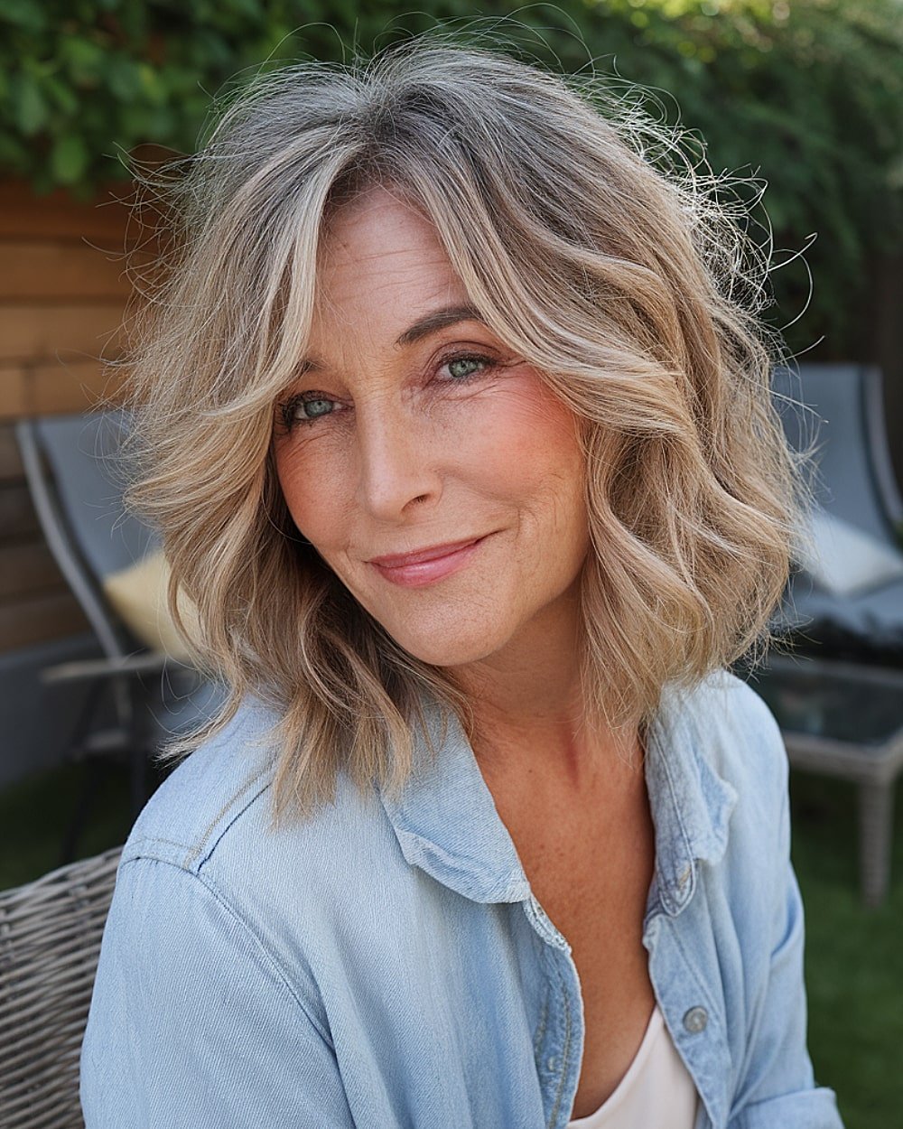 Low-maintenance shaggy lob haircut with soft layers and natural waves for women over 50