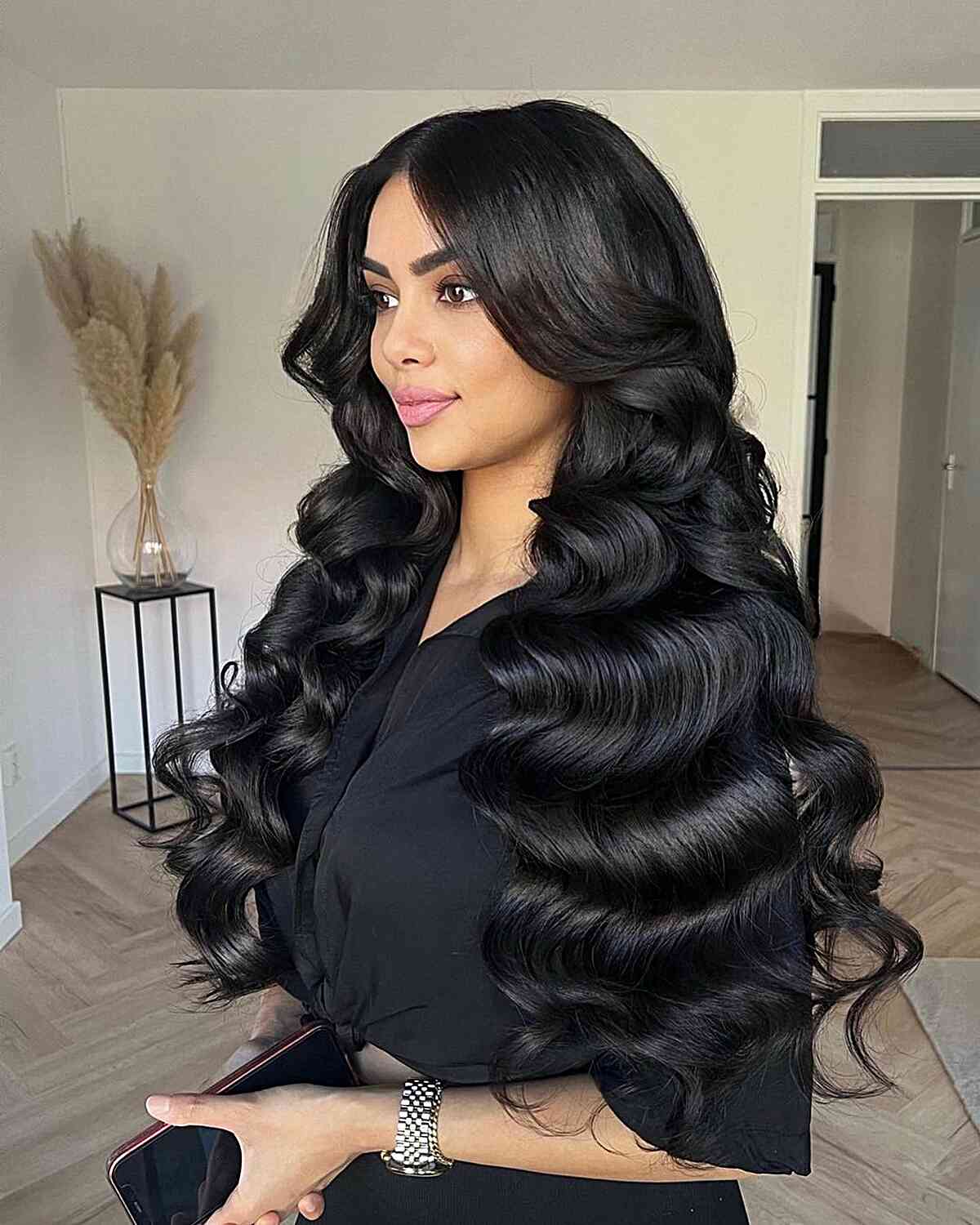 Center-Parted Luscious Black Hollywood Waves for Very Long Hair