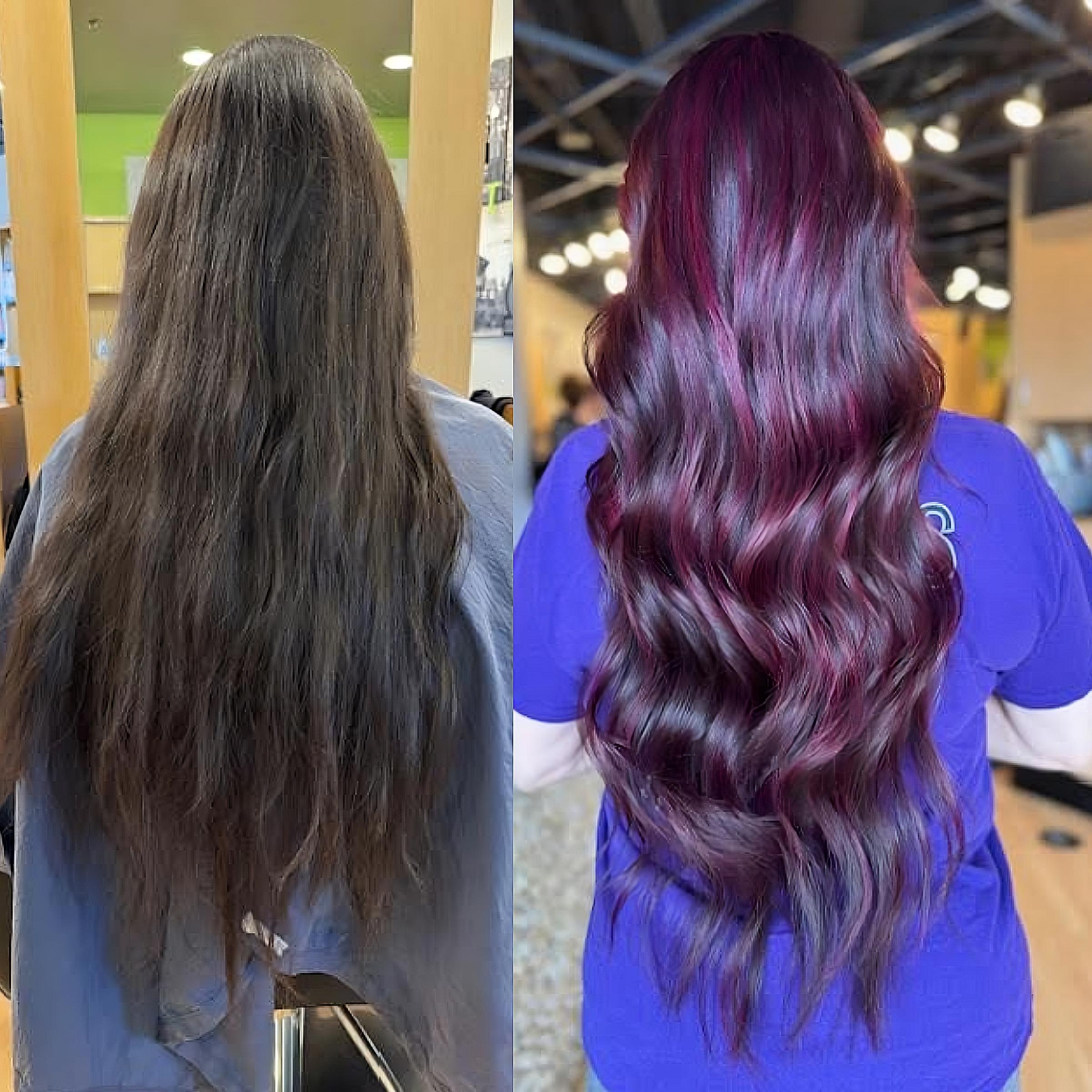 Cherry cola hair color makeover for women with long dark brown hair