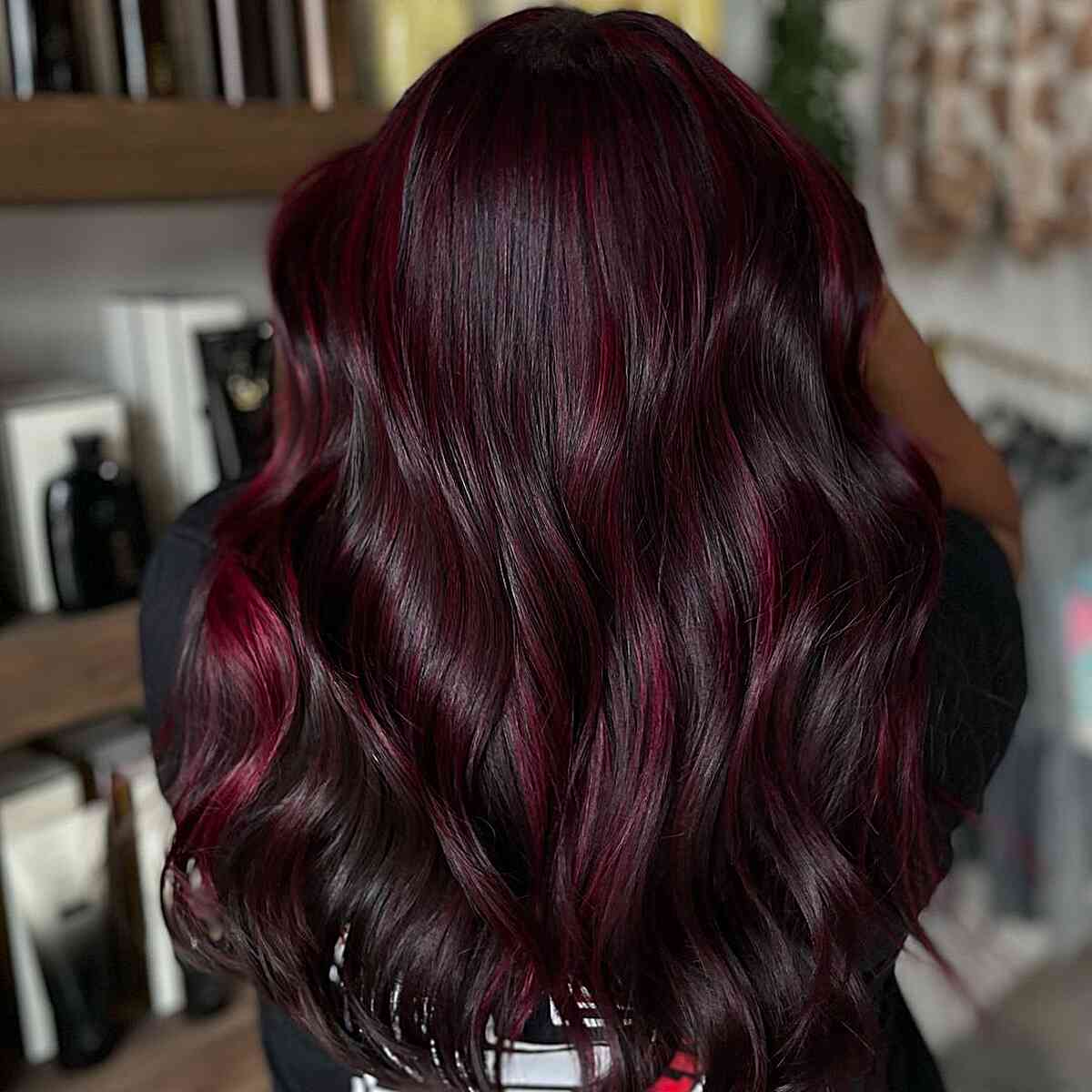 Cherry Cola Red Highlights on Long Dark Hair