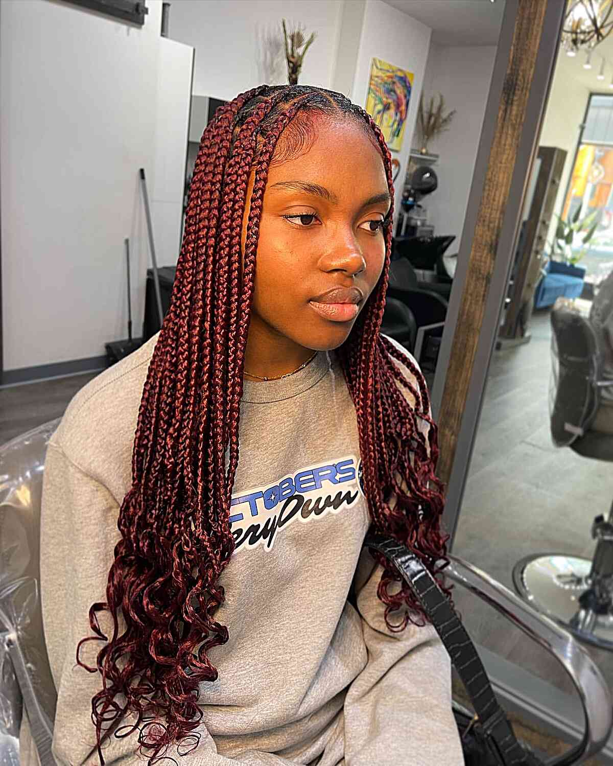 Cherry Red Knotless Medium-Sized Long Braids with Center Part