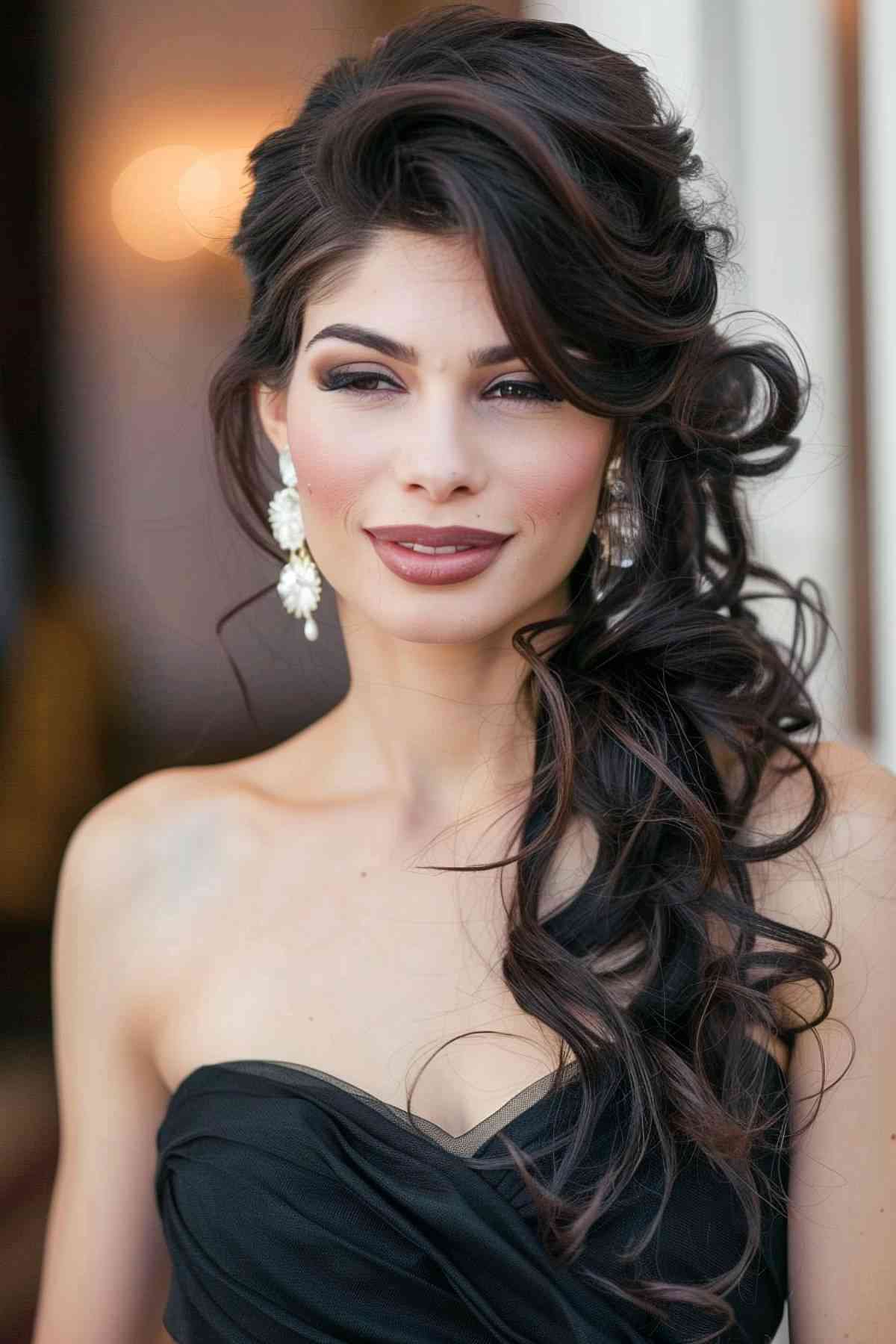 Elegant half-up, half-down hairstyle with waves for a chic gala evening