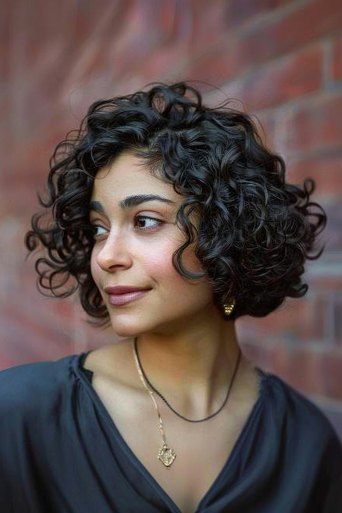 Woman with a jaw-length curly bob haircut highlighting her heart-shaped face, perfect for spring rejuvenation