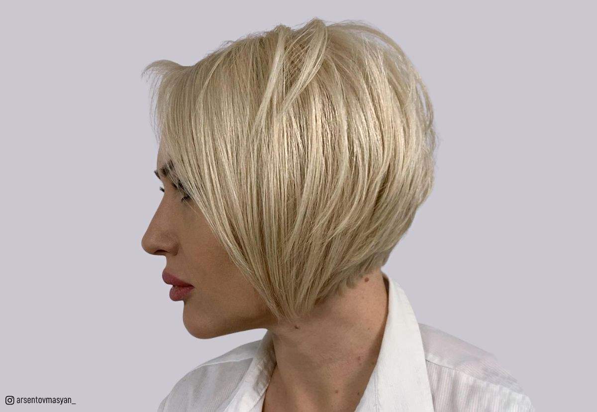 Image of A-line blunt cut bob chin length, side view