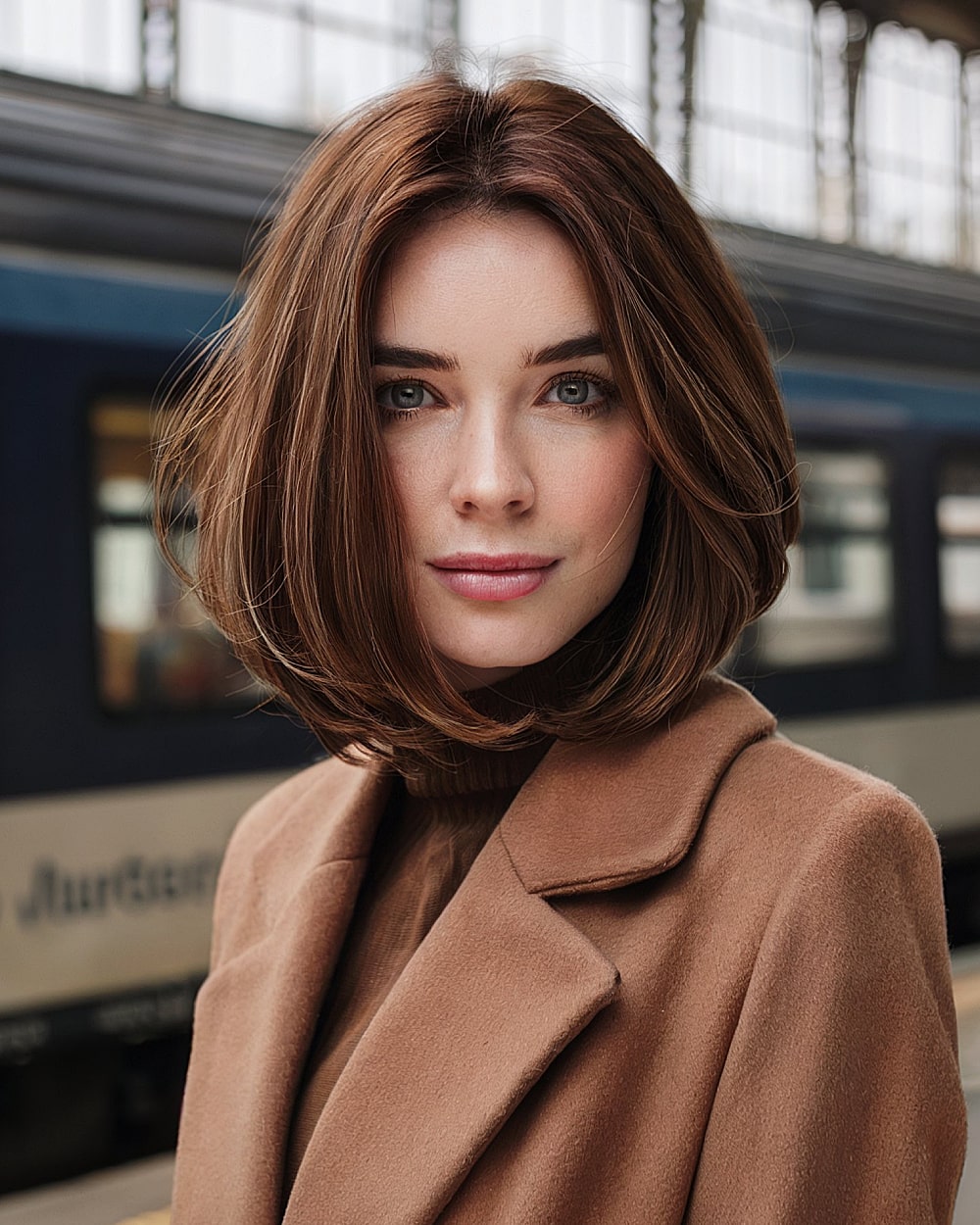 Structured chin-length bob with tucked-under ends and center part for fine hair
