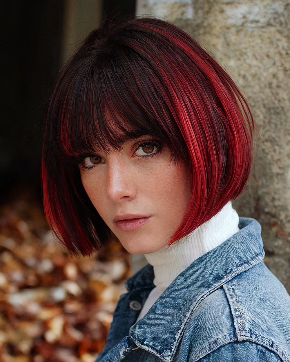 Bold pinch bob with full fringe and vibrant red balayage on dark straight hair