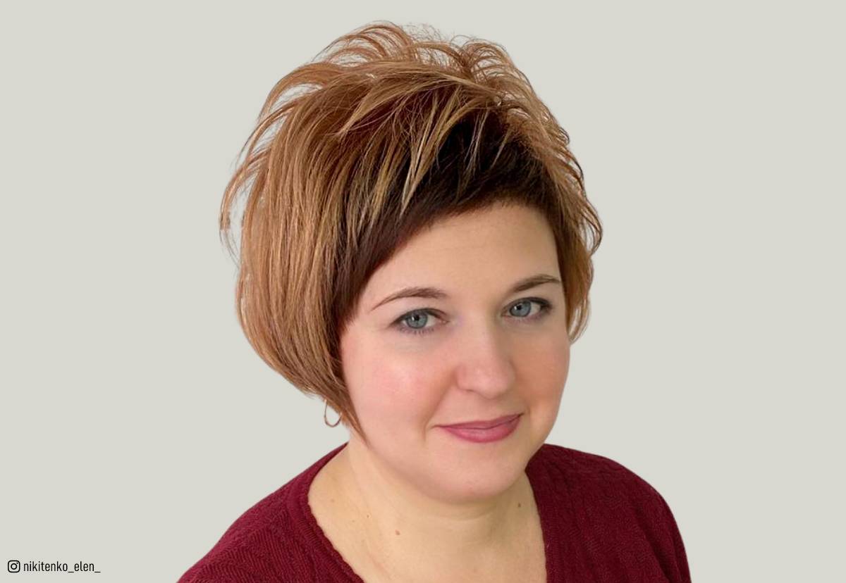 Image of Pixie cut with side swept bangs for oval face plus size