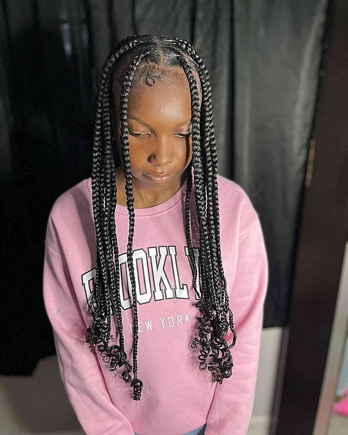 Long Chunky Knotless Medium Braids with Curled Ends for Girls