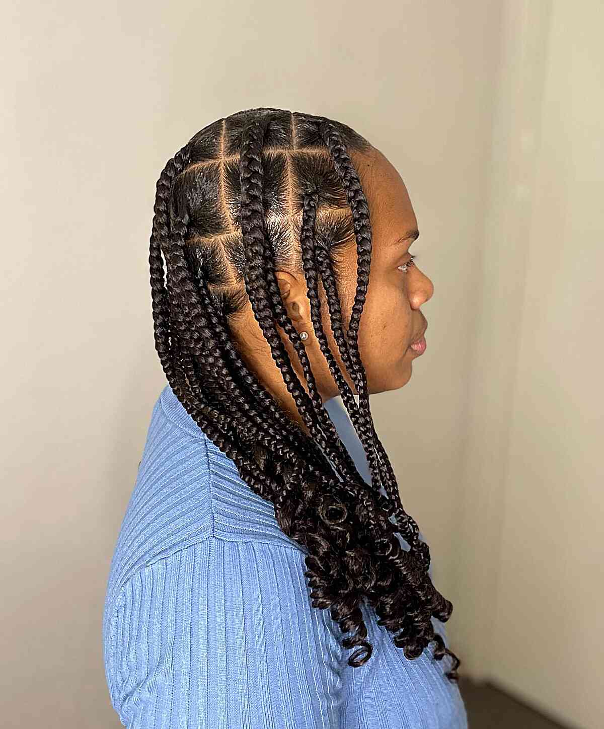 Medium-Length Chunky Large Knotless Braids with Spiral Curls