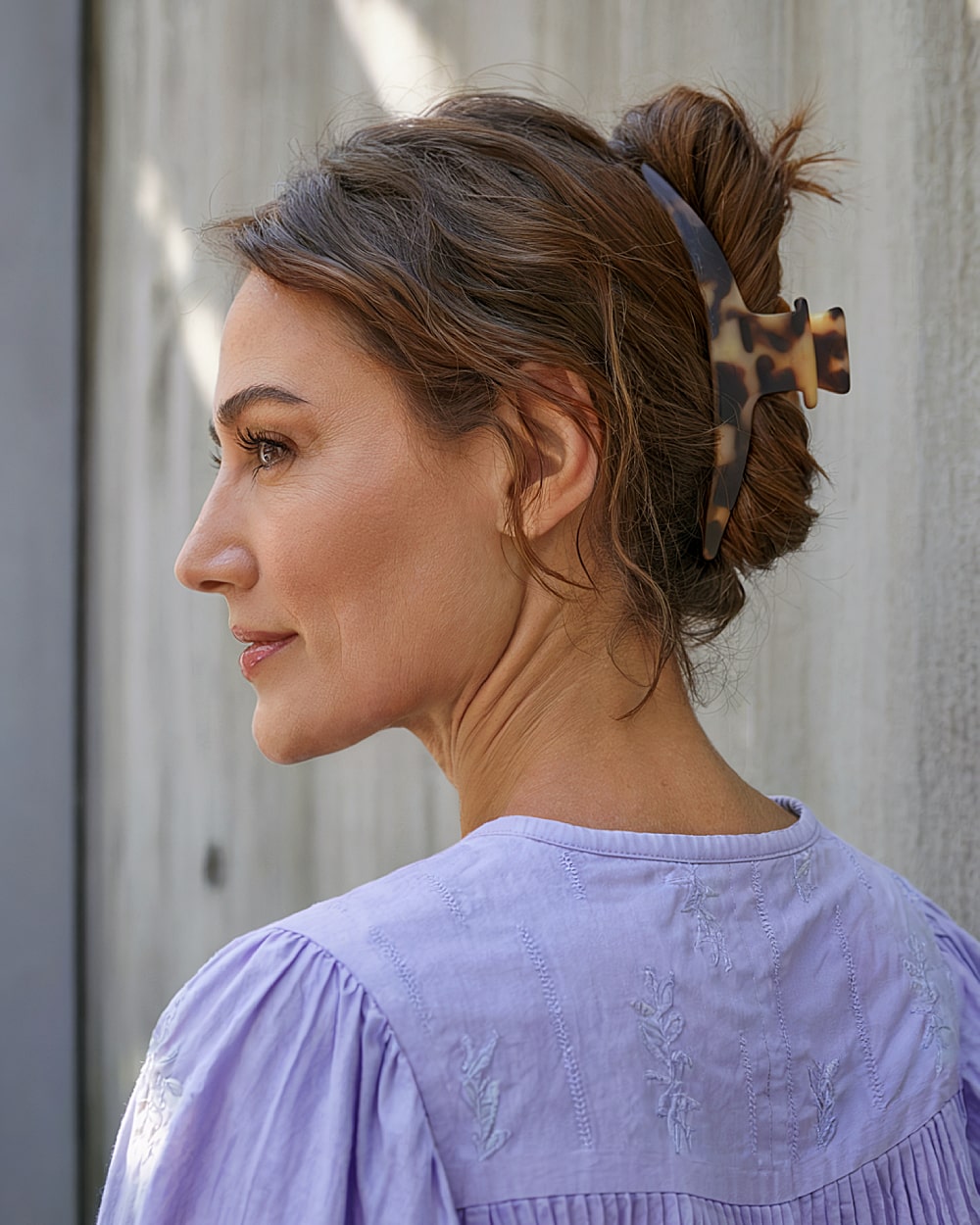 Relaxed French twist with claw clip for quick everyday hair styling