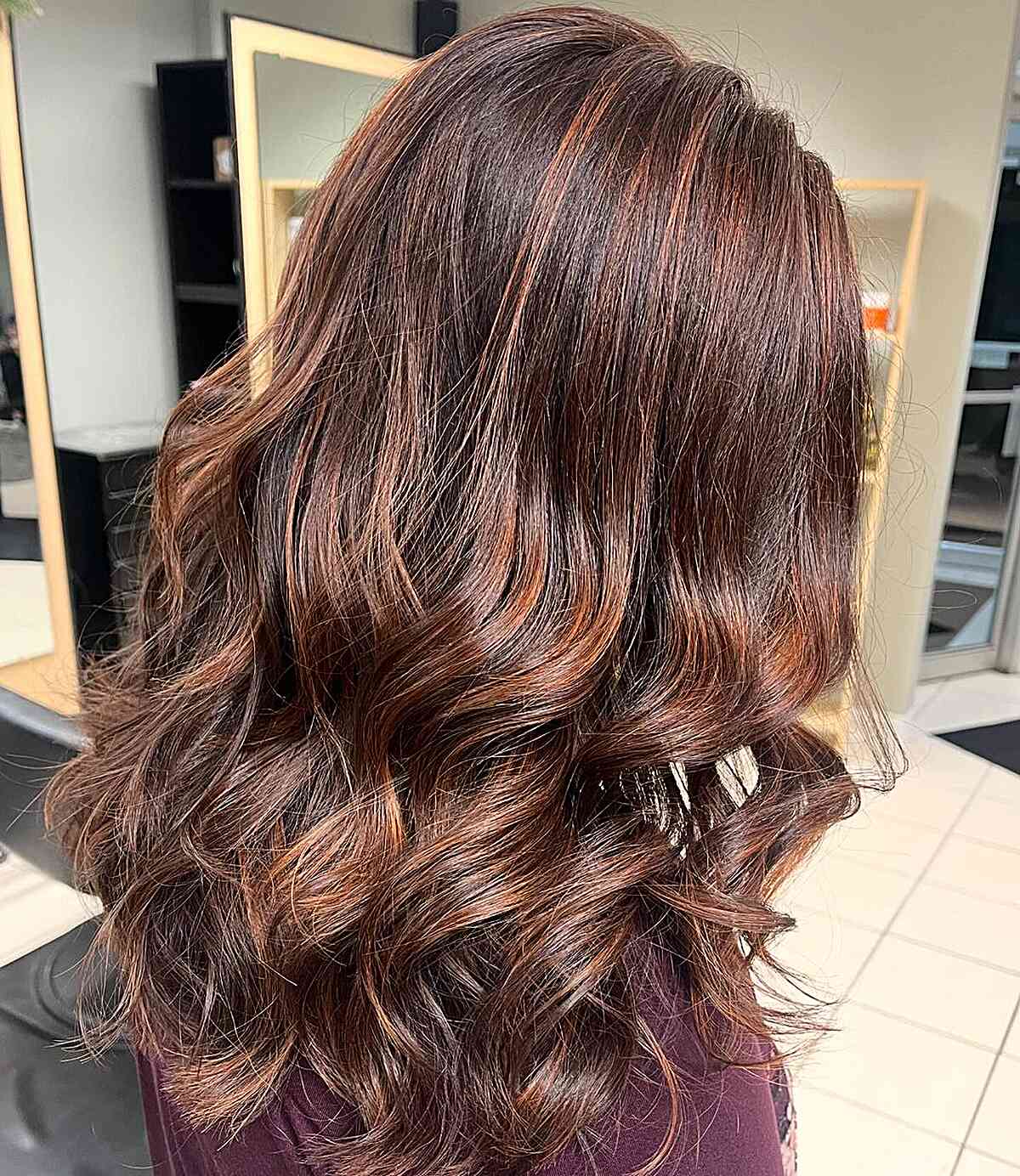 Copper Balayage Highlights on Deep Brunette Hair
