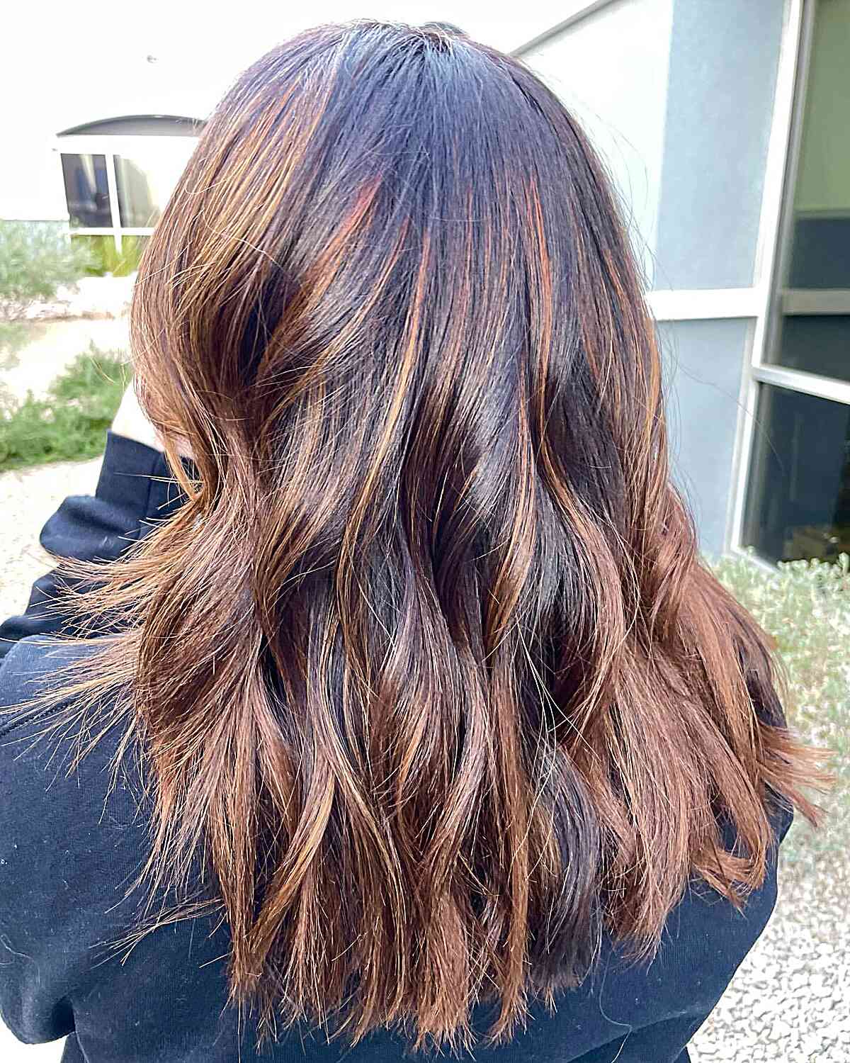 Mid-Length Copper Penny Highlights with Dark Brown Roots