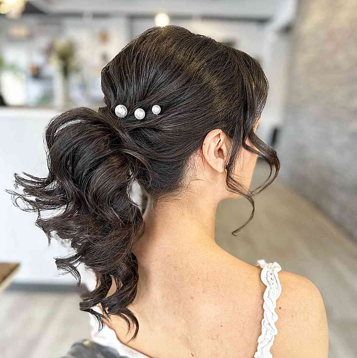 Curly Bridal Ponytail with Pearl Bobby Pins