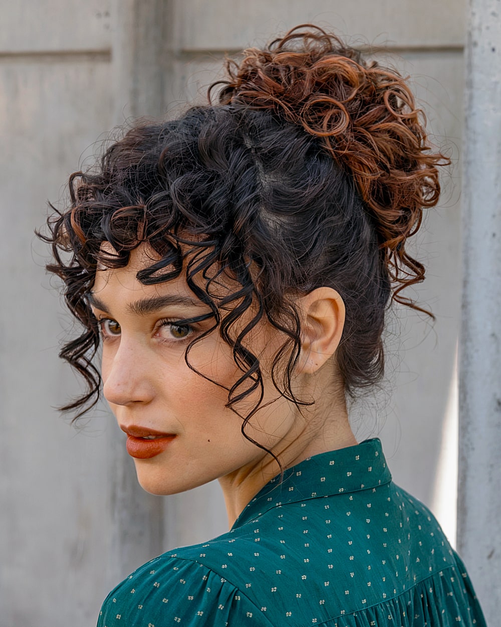 Curly French twist updo for natural coily hair with voluminous bangs