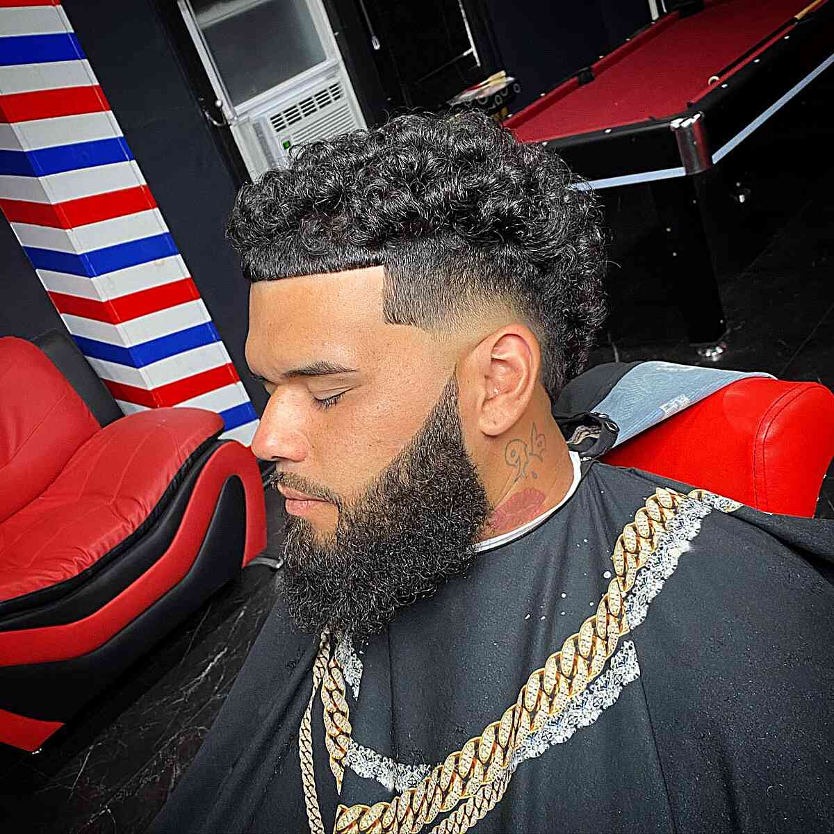 Curly Hair with Mohawk Fade Low Burst Fade Cut on Guys with Thick Beard