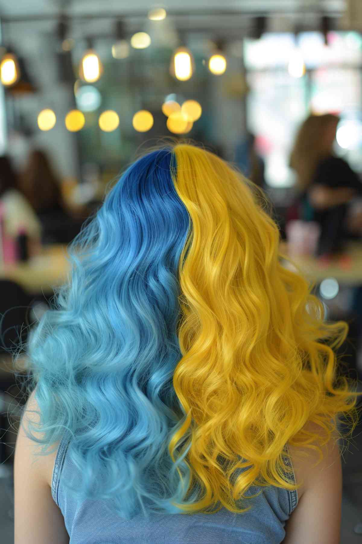 Shoulder-length curly hair with yellow to blue ombre, adding volume and softening facial angles.