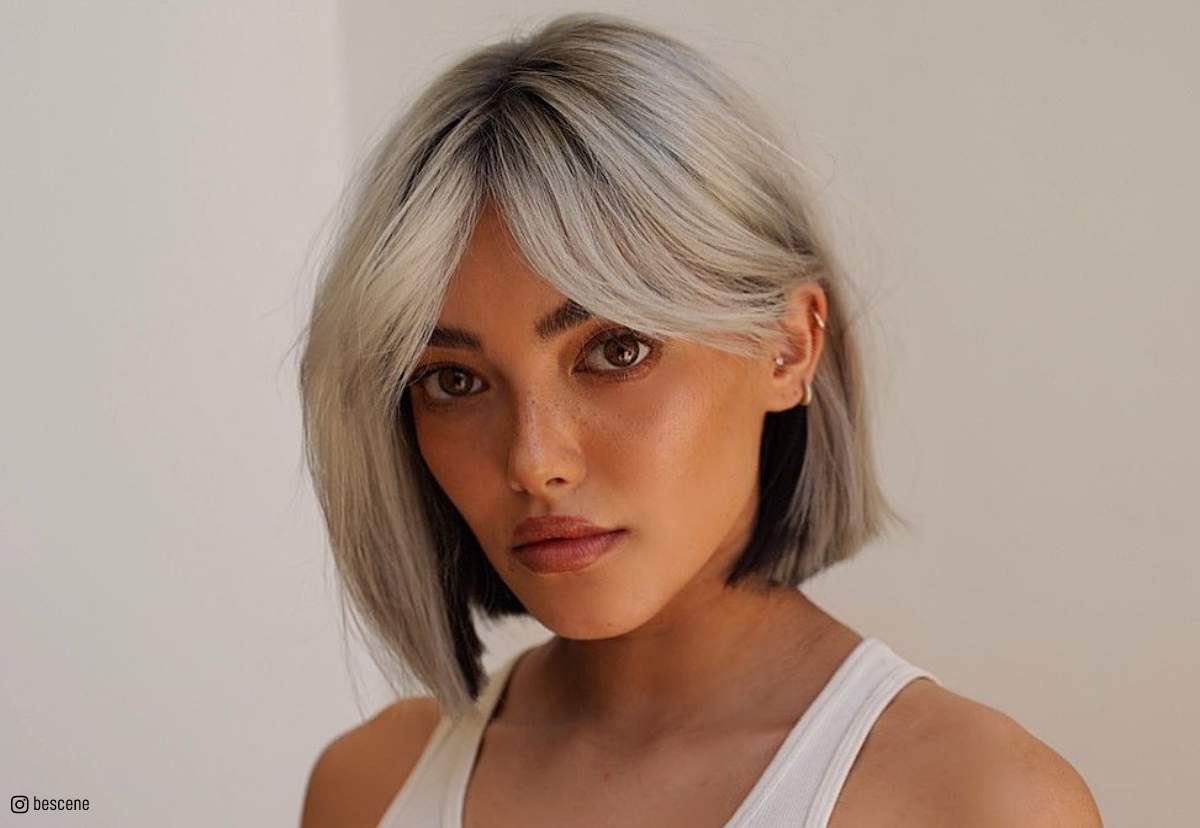 Image of Blunt bob with curtain bangs oval face hairstyle