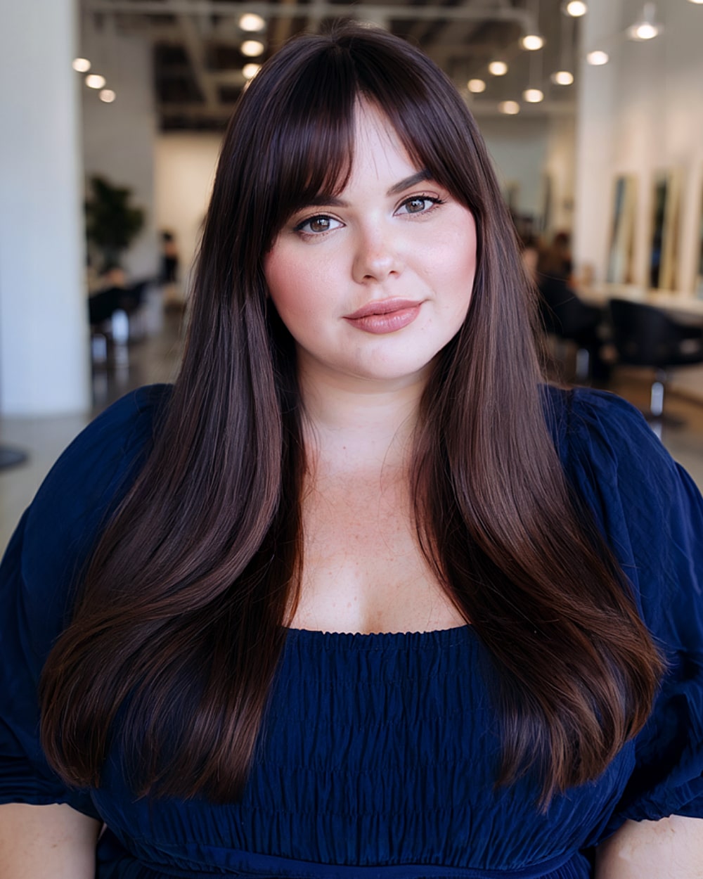 Straight long brunette hair with curtain bangs blended for round face framing