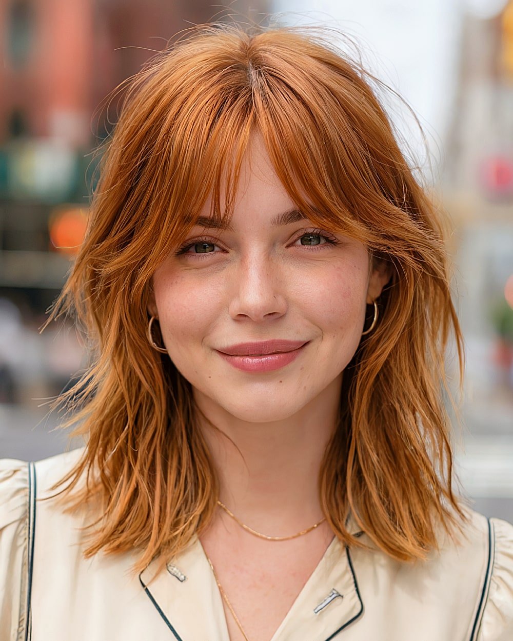Mid-length layered haircut with curtain bangs and textured ends for an alt-layered look