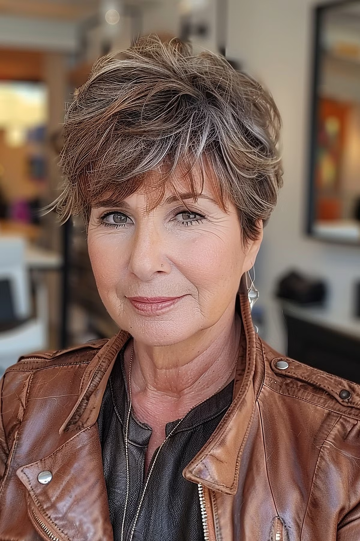 cute layered pixie with bangs for over 50