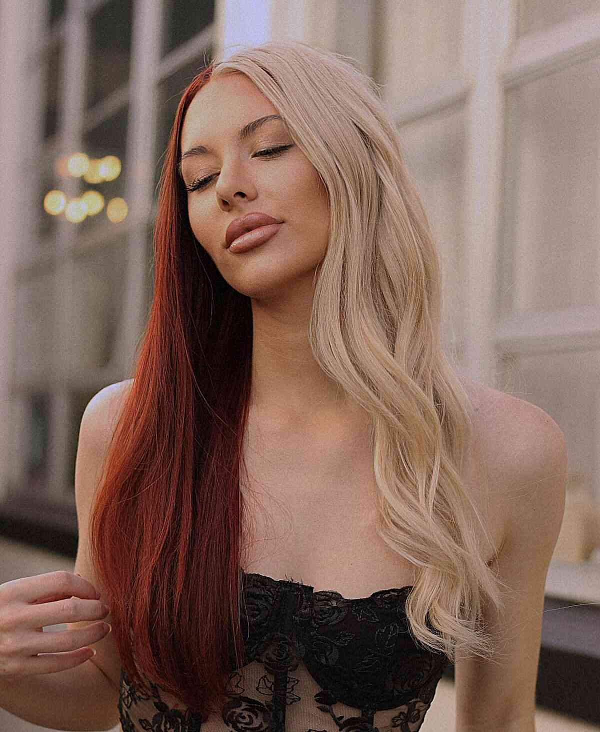 Long Dark Auburn Red with Sandy Light Blonde Split Dye Hair