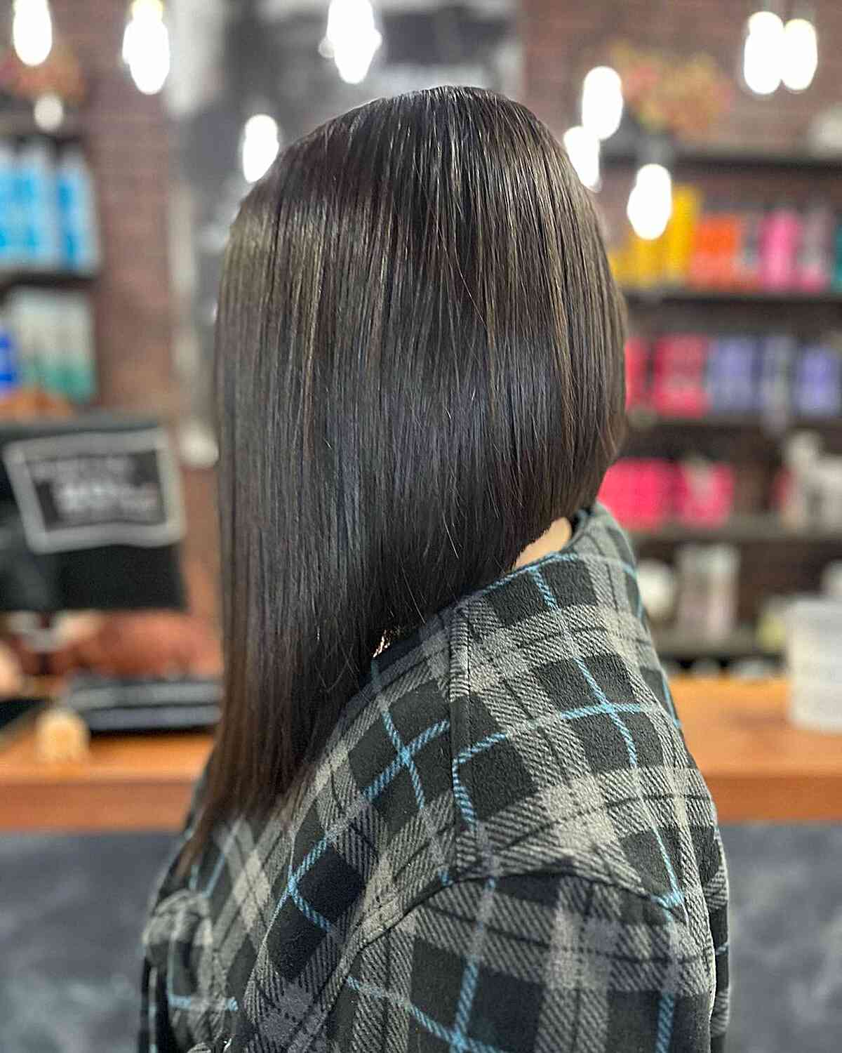 Dark Brunette Graduated Bob on Shoulder-Length Hair