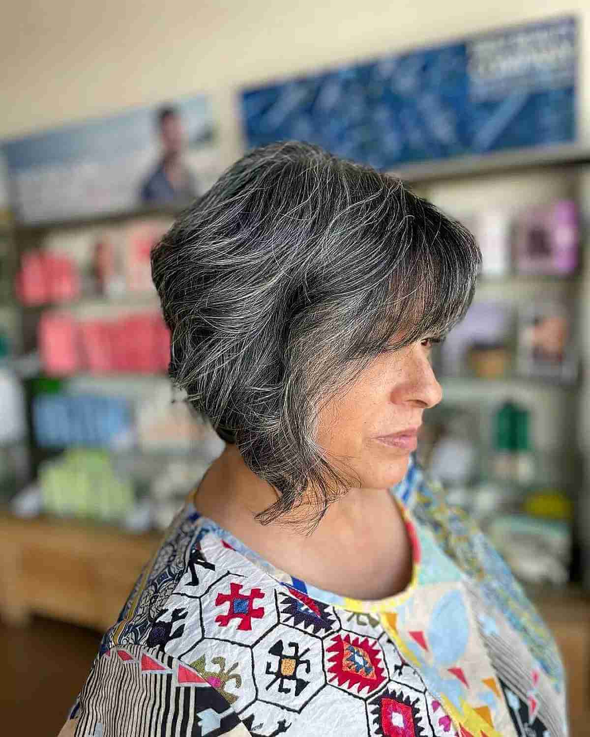 Dark Gray Wavy Inverted Bob for Older Women