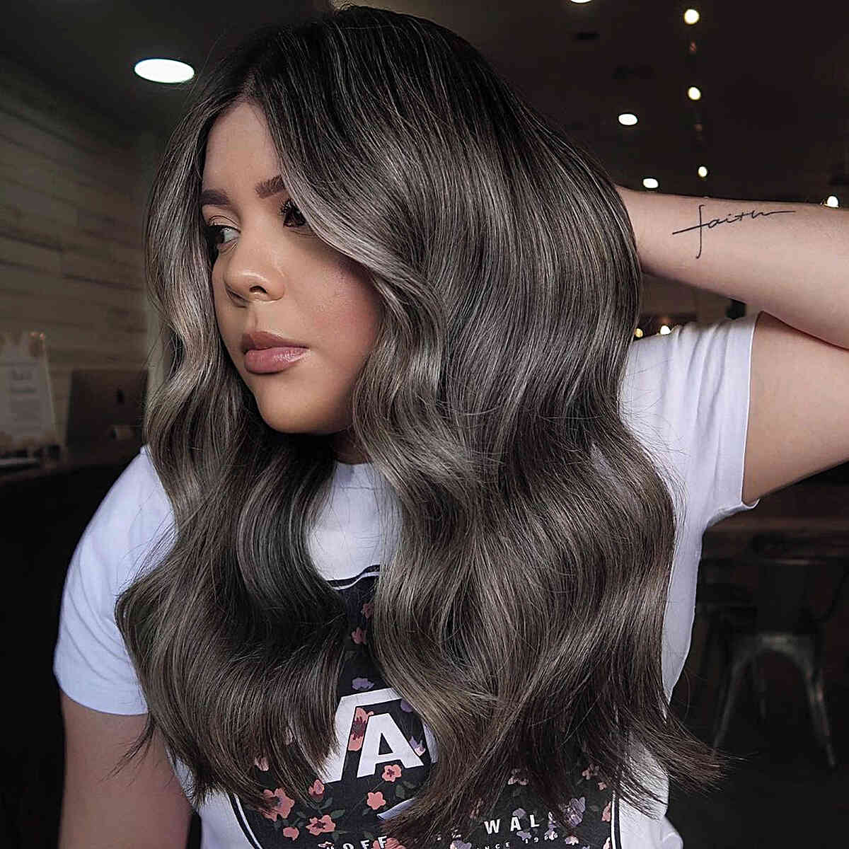 Dark Grey Blended Babylights with Chest-Length Soft Waves