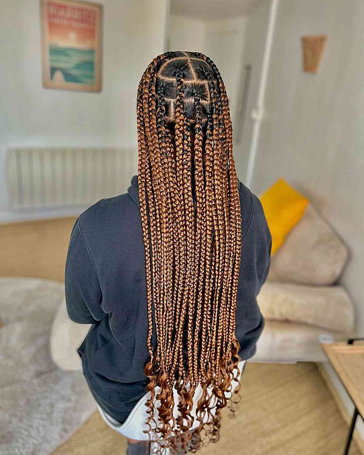 Very Long Dark-Rooted Brown Large Knotless Braids with Curly Ends