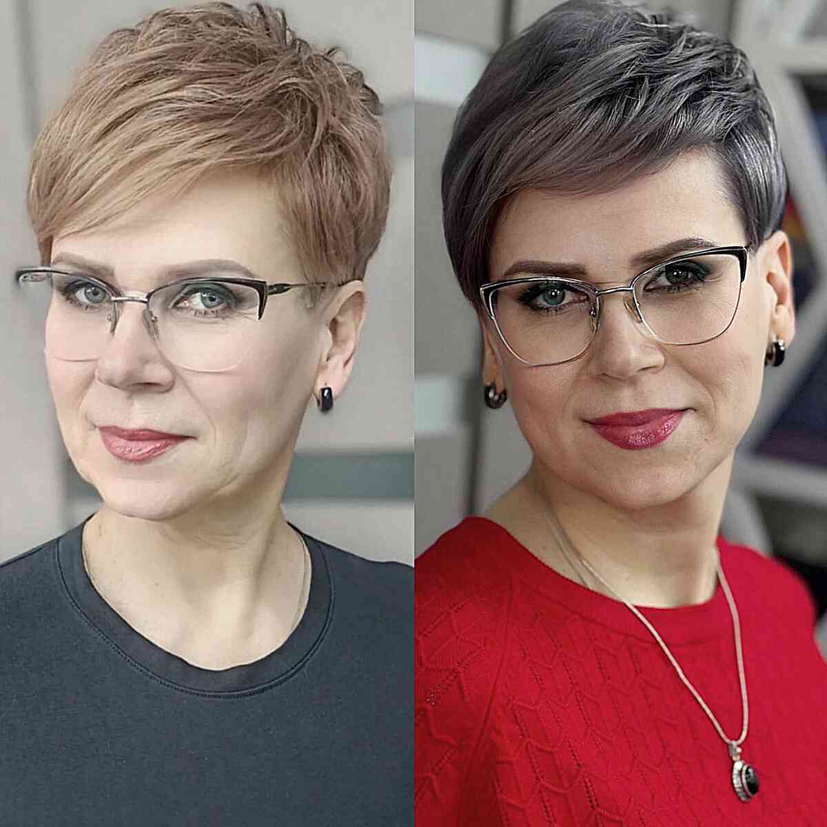 Deep Gray on Side-Swept Pixie for Older Ladies Over 50 with Glasses