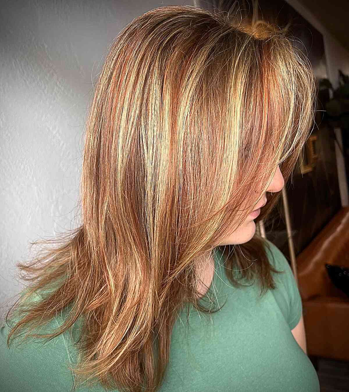 Medium Dimensional Copper Brown Hair with Copper-Blonde Highlights