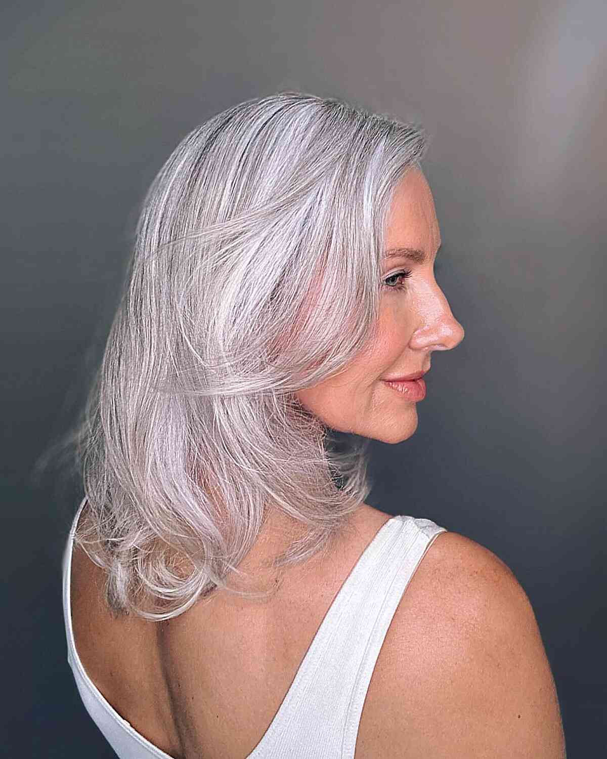 Dimensional Light Gray on Shoulder-Grazing Fine Hair for Ladies who are 50