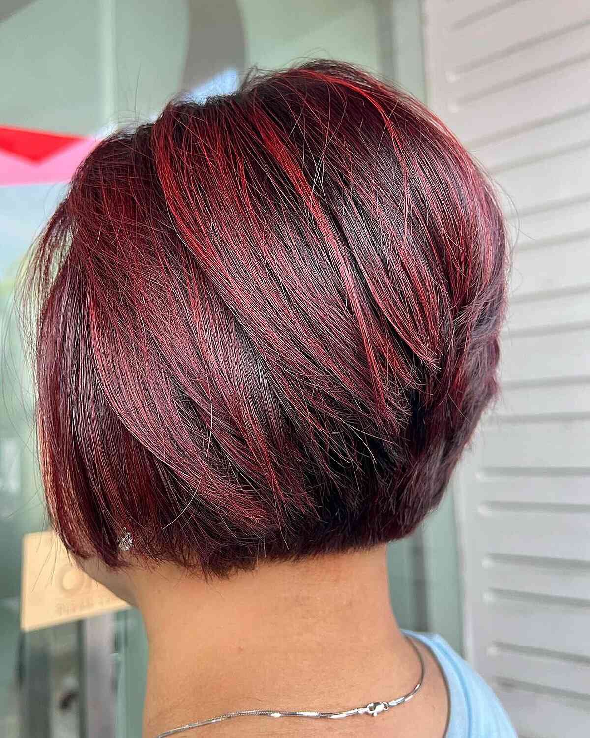 Dimensional Red Chic Stacked Wedge Bob on Short Hair