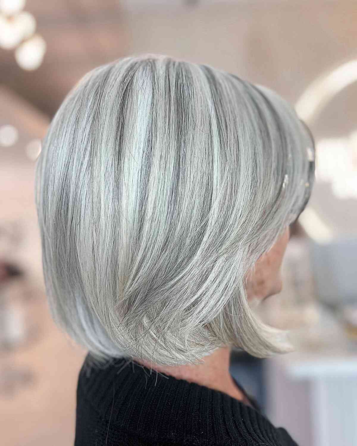 Neck-Length Dimensional Silvery Grey Bob with Lowlights for Older Women