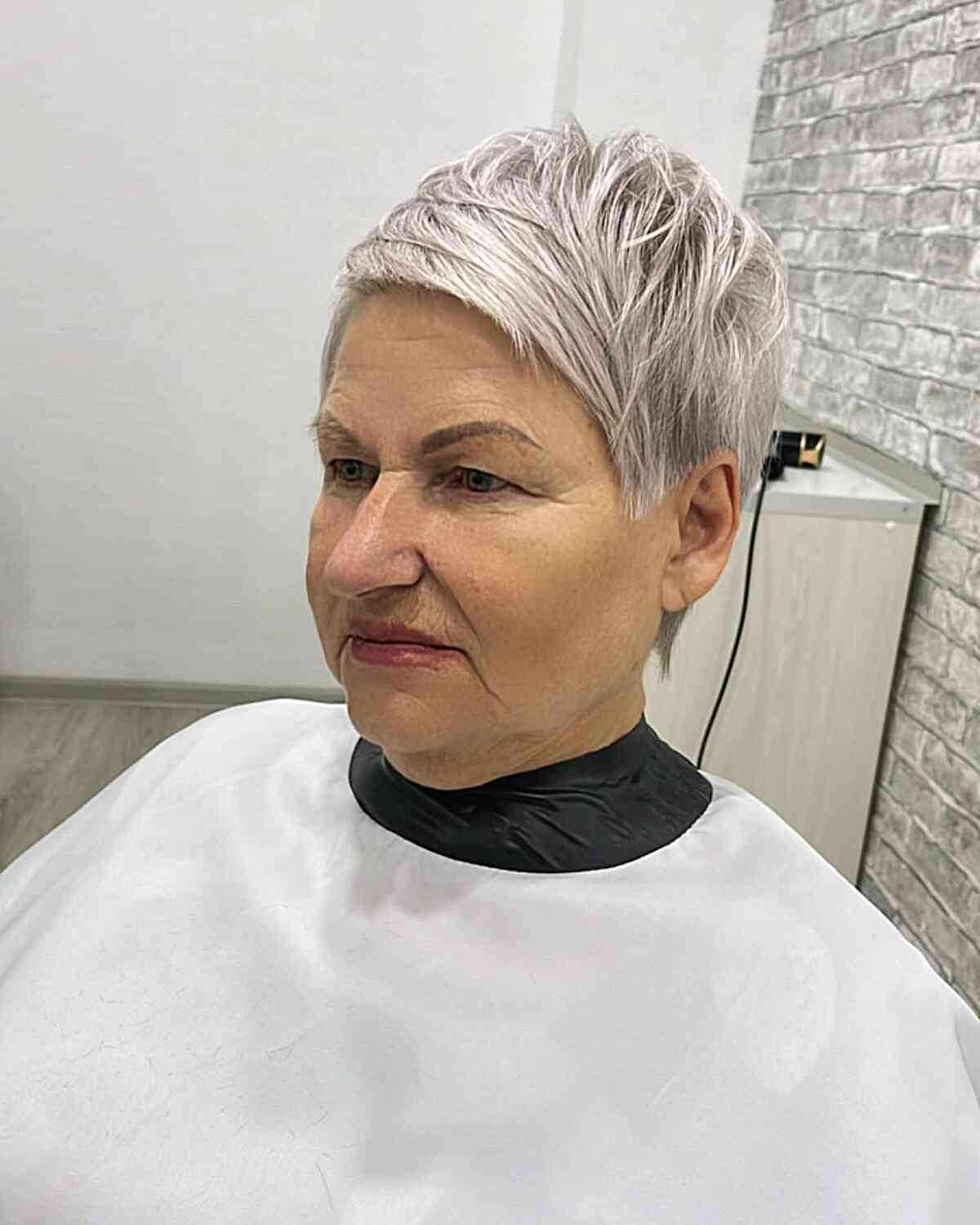 Edgy Pixie with Platinum Silver-Gray Blonde for Older Women