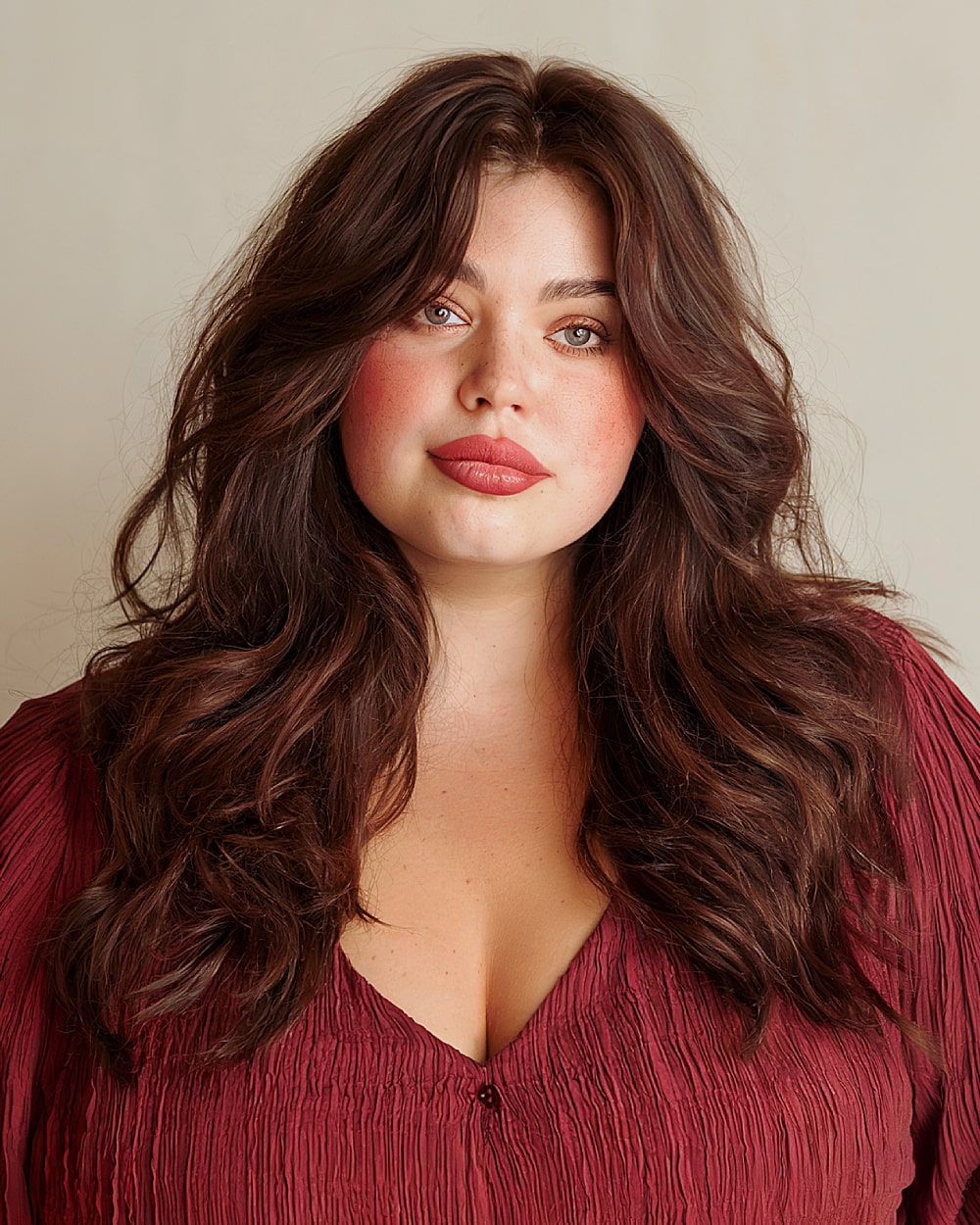 Voluminous brunette long hair with framed curtain bangs flattering round faces