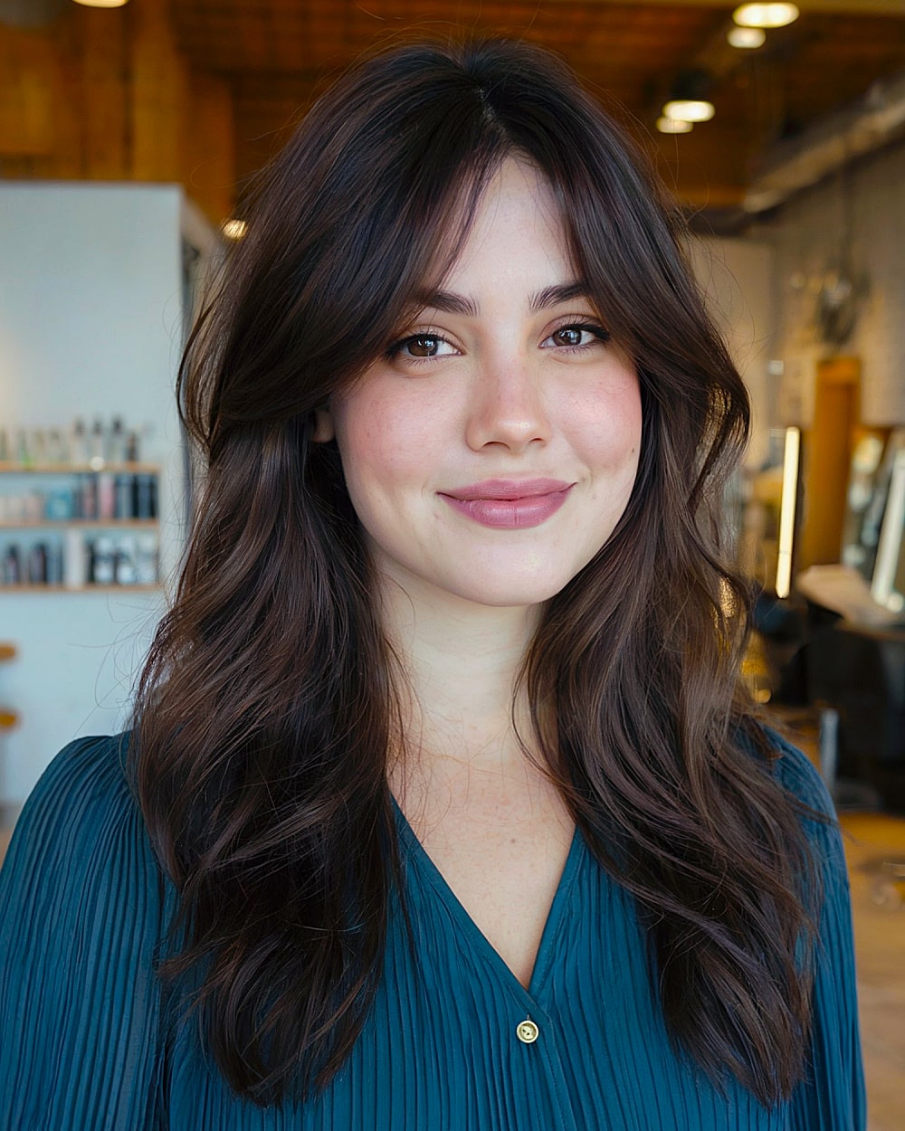 Dark brown long hair with soft layers and curtain bangs for flattering round face shapes
